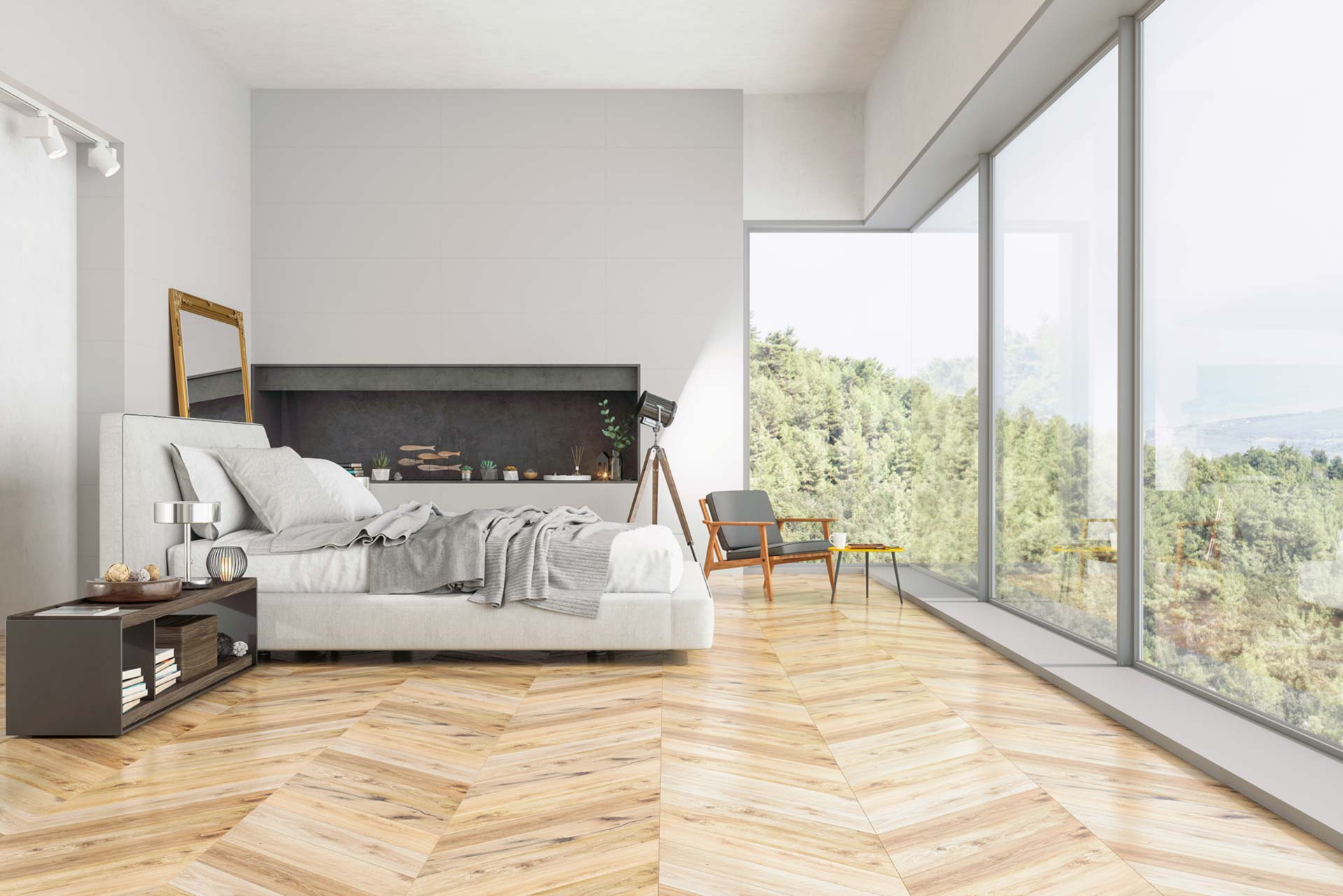 Parkettboden - Massivholzboden im modernen Schlafzimmer Holzboden oder Parkettboden in einem modernen Schlafzimmer